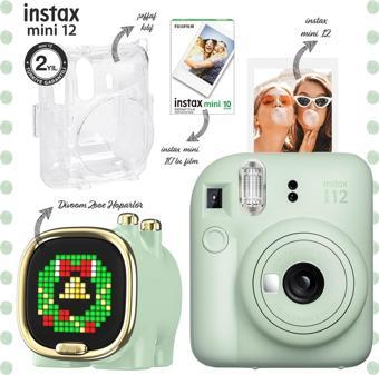 Instax mini 12 Yeşil Fotoğraf Makinesi-10'lu Film-Şeffaf Kılıf ve Divoom Zooe Led Ekranlı Bluetooth 