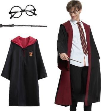 Harry Potter Gryffindor Kapişonlu Çocuk Kostüm + Asa + Gözlük Seti 5-6 Yaş