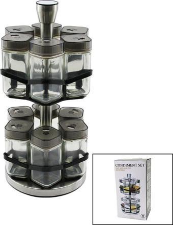 Findit 12PCS   KARE  CAM - PLASTİK KAPAK TUZLUK - BAHARATLIK  DÖNER STANDLI (2818)