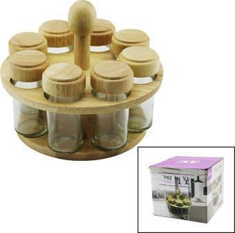 Findit 8PCS   YUVARLAK   CAM - BAMBU KAPAK TUZLUK - BAHARATLIK  BAMBU STAND (2818)