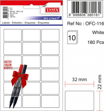 Tanex OFC-116 32x22 Mm Beyaz Ofis Etiketi 10 sayfa 2'li Asetat Kalem Hediyeli