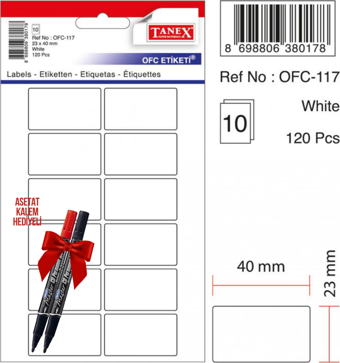 Tanex OFC-117 40x23 Mm Beyaz Ofis Etiketi 10 sayfa 2'li Asetat Kalem Hediyeli