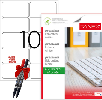 Tanex Tw-2010 99x57 mm Laser Etiket 100 Tabaka 2'li Asetat Kalem Hediyeli