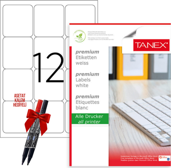 Tanex Tw-2012 63x72 mm Laser Etiket 100 Tabaka 2'li Asetat Kalem Hediyeli