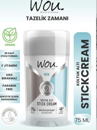 Wou World of Unique Stick Krem, Koltuk Altı Terleme Önleyici 48 Saat Etkin Koruma Vegan, Erkek Koltuk Altı Stick 75ml