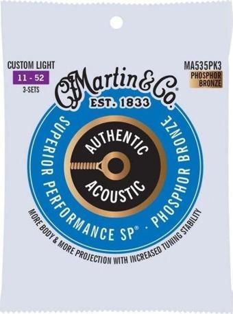 Martin Co MA535PK3 SP Phosphor Bronze Akustik Gitar Telleri (Extra Light+ 11-52) 3 Set