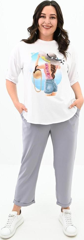 Koza Butik Kadın Büyük Beden Oversize T-Shirt Takım 8104-24 Gri 4XL