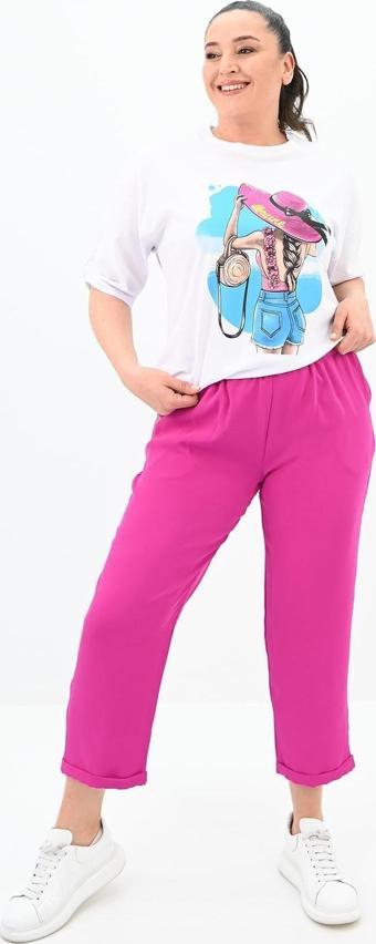 Koza Butik Kadın Büyük Beden Oversize T-Shirt Takım 8104-24 Fuşya XL