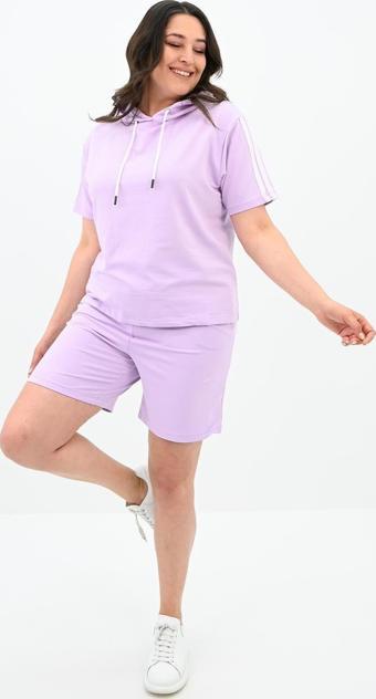 Koza Butik Kadın Çizgi Detaylı Büyük Beden Şortlu Takım 3768-23 Lila 4XL