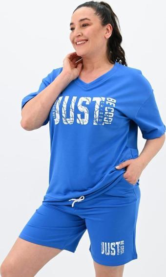 Koza Butik Kadın Büyük Beden Baskılı Şort Takım 8087-24 Saks Mavi 2XL