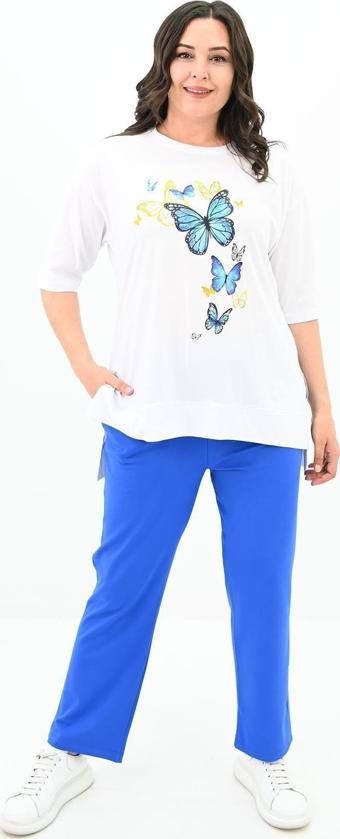Koza Butik Kadın Büyük Beden Kelebek Baskı Detaylı T-Shirt Takım 8114-25 Koyu Saks 5XL