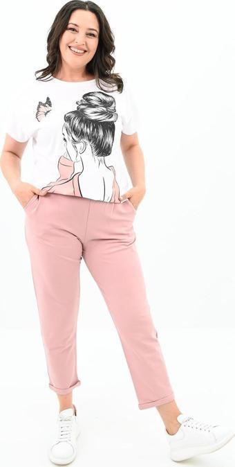 Koza Butik Kadın Büyük Beden Kız Baskılı T-Shirt Takım 3800-23 Pembe 5XL