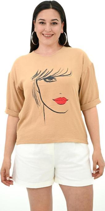 Koza Butik Kadın Büyük Beden Yüz Baskılı T-Shirt 1788-25 Camel 5XL