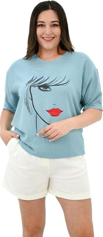 Koza Butik Kadın Büyük Beden Yüz Baskılı T-Shirt 1788-25 Petrol Yeşili 4XL