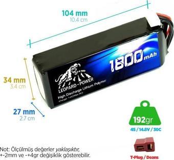 Leopard Power 1800 mAh 14.8V 4S 30C Lityum Polimer Lipo Batarya Pil T Plug