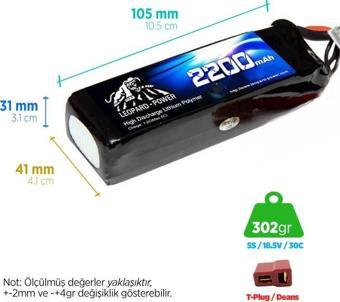 Leopard Power 2200 mAh 7.4V 2S 30C Lityum Polimer Lipo Batarya Pil T Plug