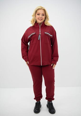 Koza Butik Kadın Büyük Beden Dik Yaka Fermuarlı Eşofman Takımı 8133-25 Bordo XL