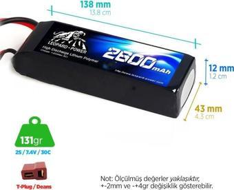 Leopard Power 2600 mAh 7.4V 2S 30C Lityum Polimer Lipo Batarya Pil T Plug