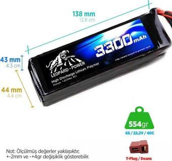 Leopard Power 3300 mAh 22.2V 6S 40C Lityum Polimer Lipo Batarya Pil T Plug