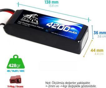 Leopard Power 4200 mAh 14.8V 4S 40C Lityum Polimer Lipo Batarya Pil T Plug