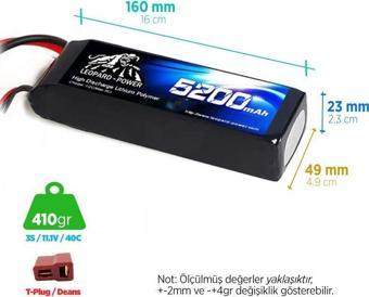 Leopard Power 5200 mAh 11.1V 3S 40C Lityum Polimer Lipo Batarya Pil T Plug