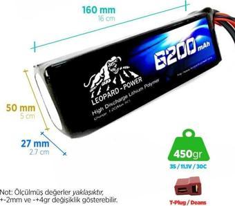 Leopard Power 6200 mAh 11.1V 3S 30C Lityum Polimer Lipo Batarya Pil T Plug