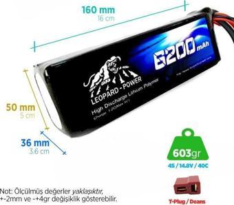 Leopard Power 6200 mAh 14.8V 4S 40C Lityum Polimer Lipo Batarya Pil T Plug