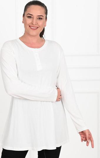 Koza Butik Kadın Düğme Detaylı Büyük Beden Bluz 1376-23 Beyaz 2XL