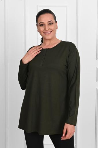 Koza Butik Kadın Düğme Detaylı Büyük Beden Bluz 1376-23 Haki 2XL