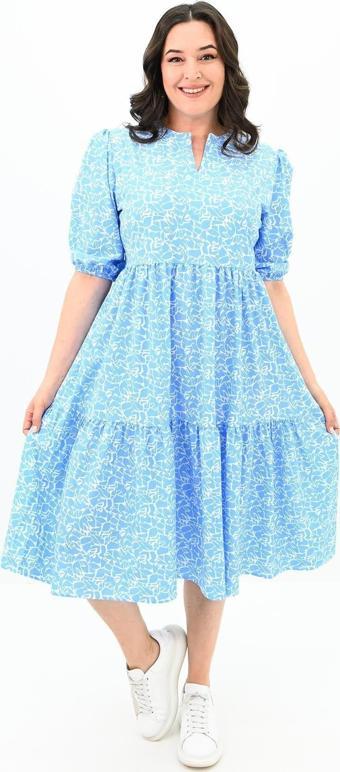 Koza Butik Kadın Büyük Beden Çiçek Desenli Elbise 5230-25 Bebe Mavi 3XL