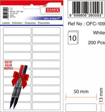 Tanex OFC-109 50x13 Mm Beyaz Ofis Etiketi 10 sayfa 2'li Asetat Kalem Hediyeli