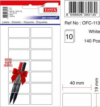 Tanex OFC-113 40x19 Mm Beyaz Ofis Etiketi 10 sayfa 2'li Asetat Kalem Hediyeli