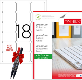 Tanex Tw-2018 63x46 mm Laser Etiket 100 Tabaka 2'li Asetat Kalem Hediyeli