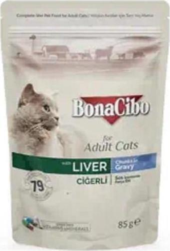 BonaCibo Soslu Ciğerli Pouch Yetişkin Kedi Yaş Maması 85 gr x 12 Adet