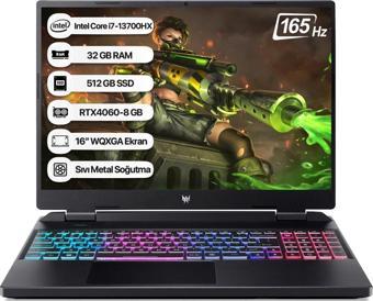 Acer Predator Intel i7 13700HX 32GB 512GB SSD RTX4060-8GB Dos 16" WQXGA 165Hz Taşınabilir Bilgisayar NH.QLUEY.004-32