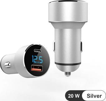 Silver Araç İçi USB 3.0 Type C Soketli 20 Watt Çakmaklık Güç Adaptörü Tüm Cihazlar 12V-24V