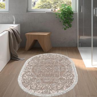 Dekoreko Kaymaz Taban Djt Banyo Halısı Yıldız Deri Saçaklı Oval Modern 1488 Kahve