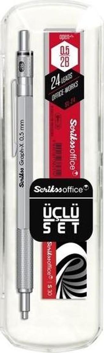 Scrikss Oficce Graph-x 3'lü Set Saten Gri Versatil Kalem 0.5mm + Silgi + Min