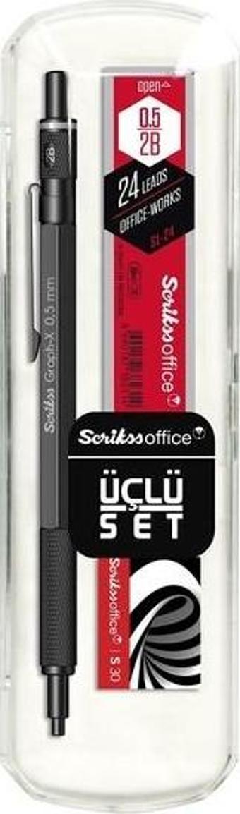 Scrikss Oficce Graph-x 3'lü Set Mat Siyah Versatil Kalem 0.5mm + Silgi + Min