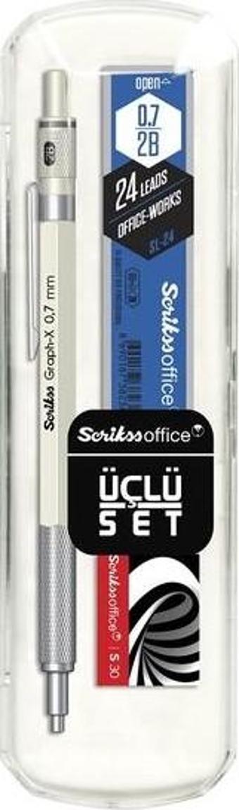 Scrikss Oficce Graph-x 3'lü Set Beyaz Versatil Kalem 0.7mm + Silgi + Min