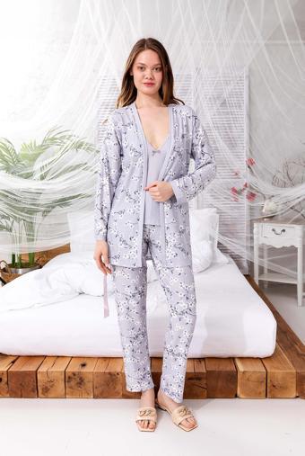 Nisanca Kutulu Çeyizlik Zen Pijama Seti - Exclusive 3 Parça İpeksi Sabahlıklı Kadın Pijama Takımı