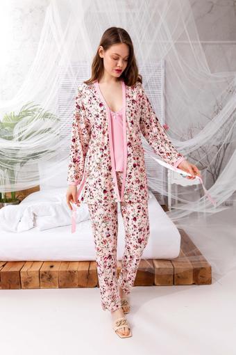 Nisanca Kutulu Çeyizlik Zen Pijama Seti - Exclusive 3 Parça İpeksi Sabahlıklı Kadın Pijama Takımı