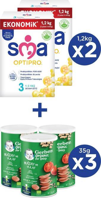 SMA OPTIPRO 3 1-3 yaş Devam Sütü 2x1200g + GERBER ORGANIC Buğday ve Yulaflı Atıştırmalık 3x35g