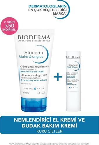 Bioderma Atoderm Kuru Ciltler Onarıcı Nemlendirici El ve Dudak Bakım Kremi İkili Avantajlı Set 4 gr + 50 ml