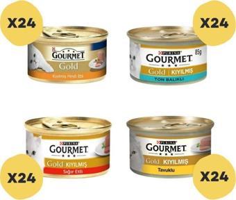 Gourmet Kıyılmış Hindi Etli - Ton Balıklı - Sığır Etli - Tavuklu Yaş Kedi Maması 96 X 85 Gr