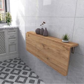 Kydonia Home 140X60 Cm Oval Köşeli Sabit Raflı Çam Ahşap Desenli Duvara Monte Kırma Katlanır Masa