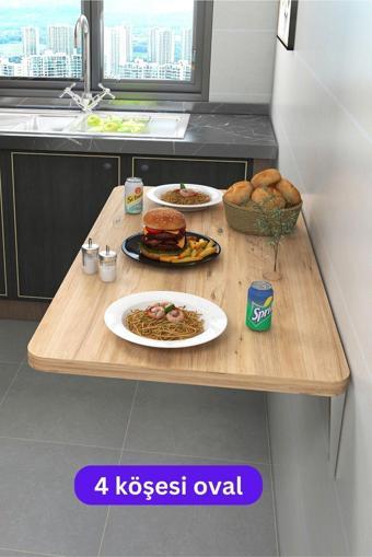 Kydonia Home 60X90 Cm 4 Köşe Oval Çam Ahşap Desenli Duvara Monte Kırma Katlanır Yemek Masası