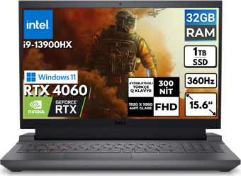 Dell G15 5530 i9-13900HX 32-GBDDR5 1 TBSSD RTX 4060 15.6" FHD Windows 11 Pro Taşınabilir Bilgisayar G155530017U BT6