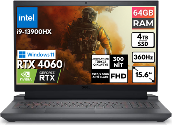 Dell G15 5530 i9-13900HX 64-GBDDR5 4 TBSSD RTX 4060 15.6" FHD Windows 11 Home Taşınabilir Bilgisayar G155530017U BT27