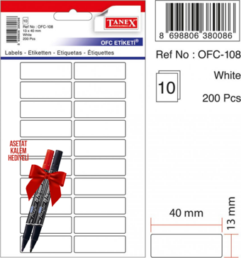 Tanex OFC-108 40x13 Mm Beyaz Ofis Etiketi 10 sayfa 2'li Asetat Kalem Hediyeli